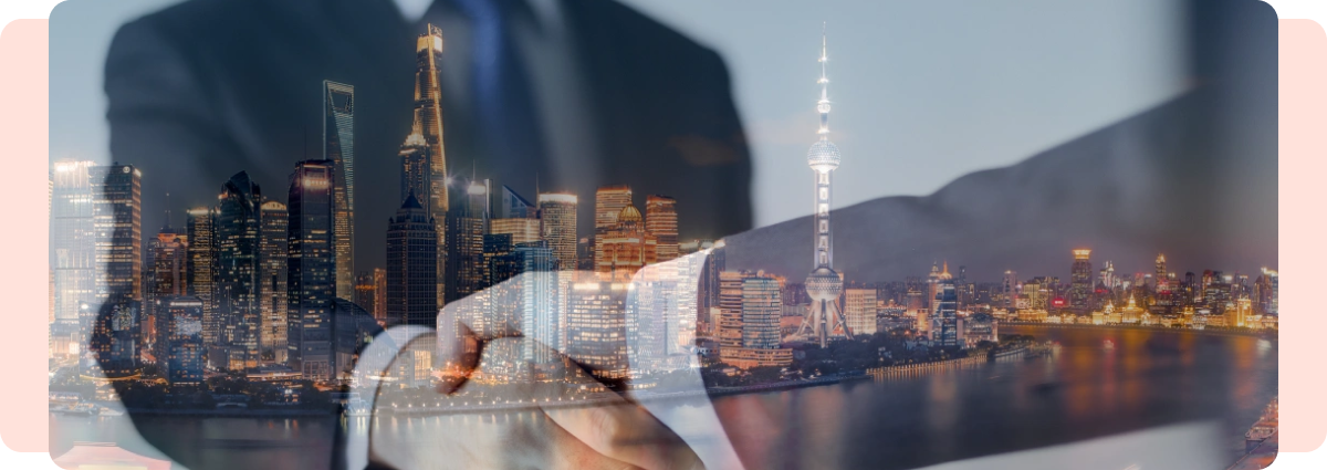 Business partnership and skyline
